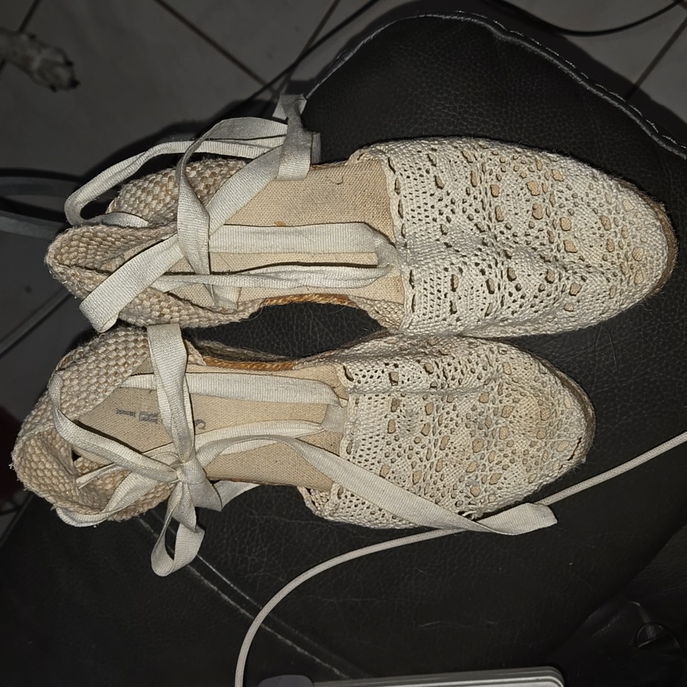 Iris Crochet Espadrille Wedges Size 37 US 6 - 6.5 Ankle Tie Laces Cream Spain